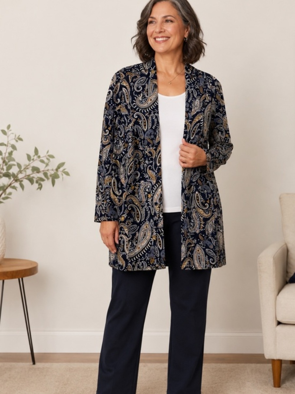 Paisley open front print  long sleeve cardigan stretchy jacket size 16 W